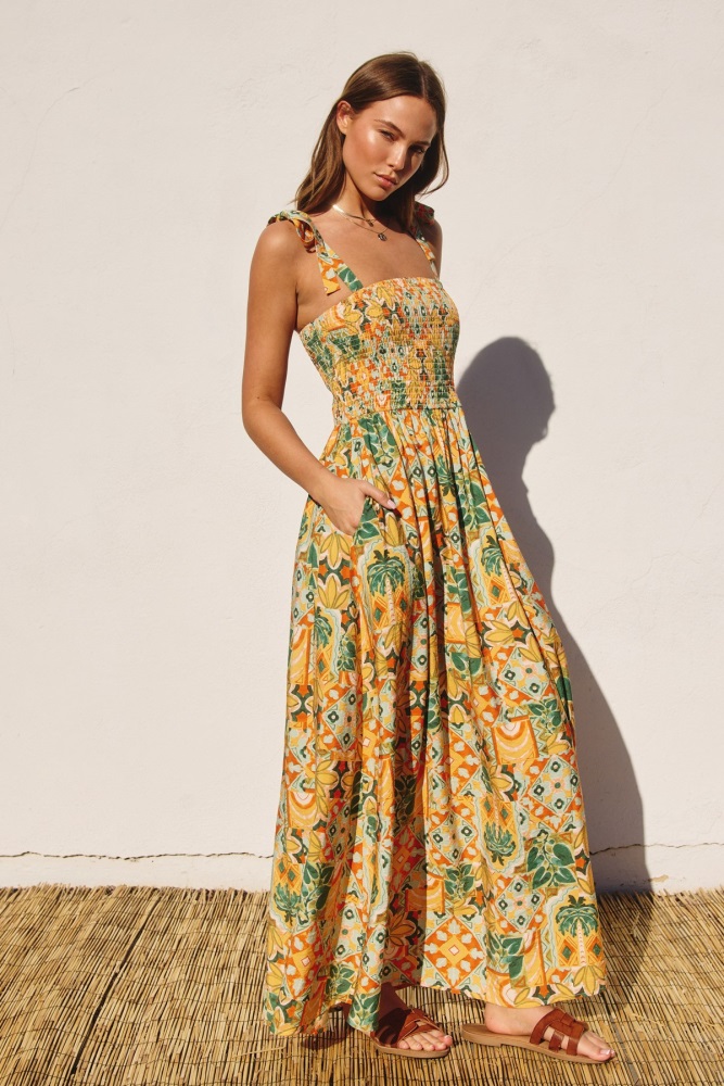 yellow floral smocked shoulder tie maxi dress