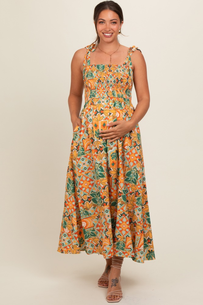 yellow floral smocked shoulder tie maternity maxi dress