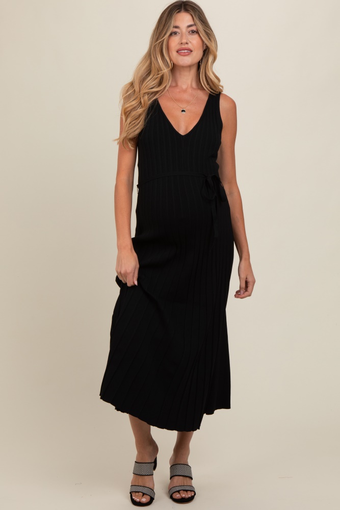 black pleated v-neck waist tie sweater maternity maxi dress