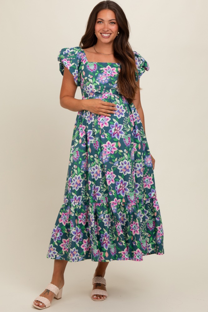 green floral square neck puffy sleeves maternity dress