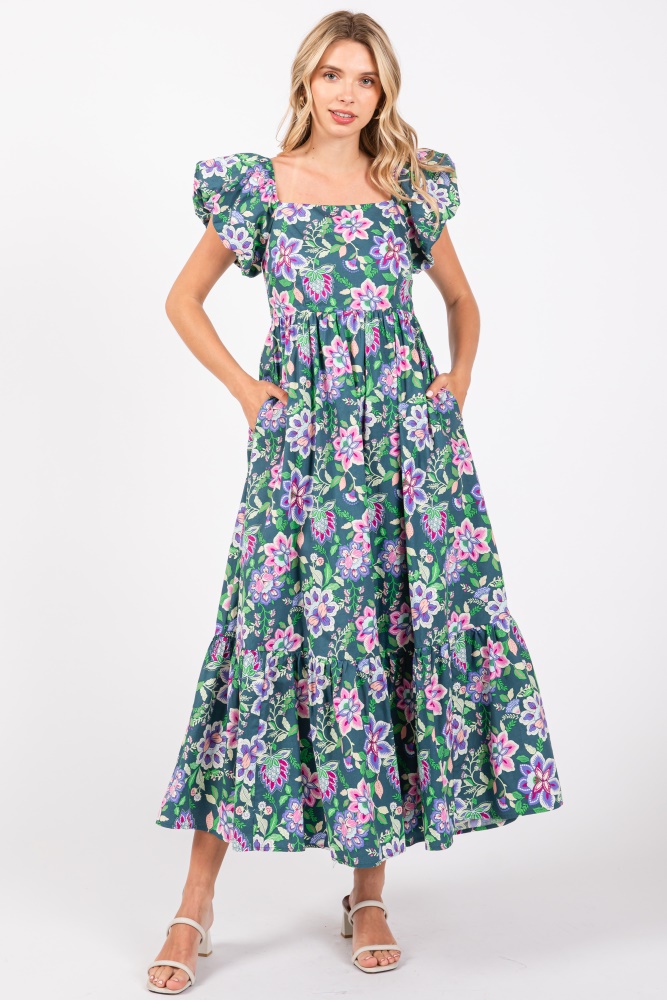 green floral square neck puffy sleeves dress