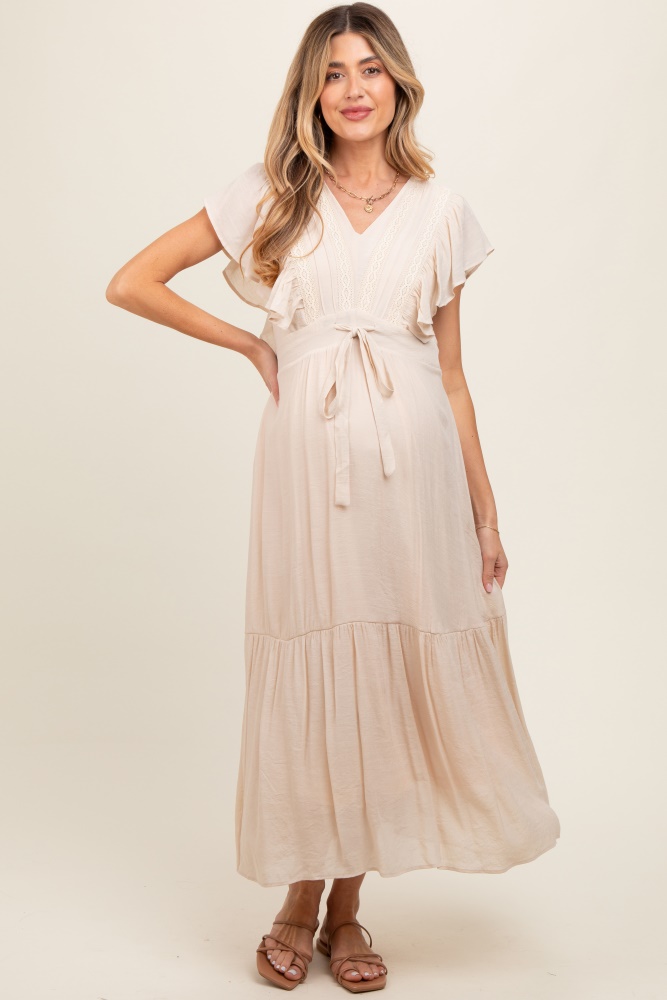 cream cuffed sleeve front tie maternity maxi dress