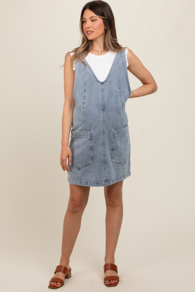 light blue denim front pocket maternity skirt overalls