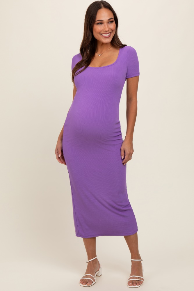 purple ribbed fitted maternity midi dress