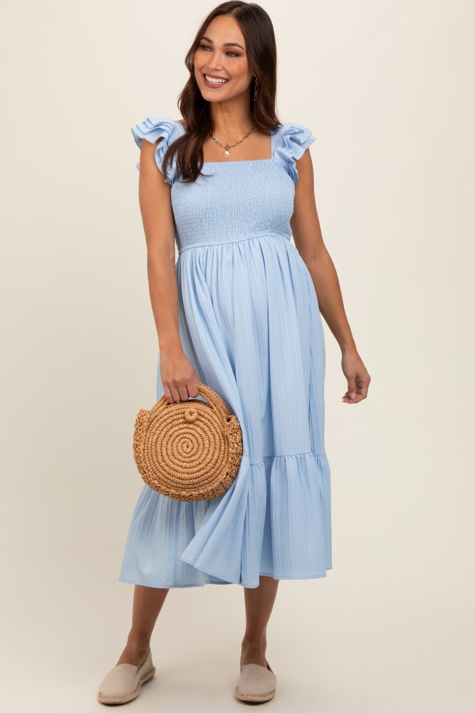 light blue striped flutter sleeve maternity midi dress