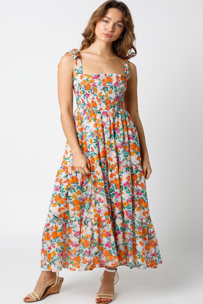 cream multi-color floral smocked sleeveless maxi dress