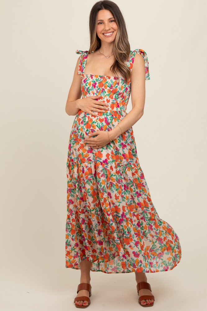 cream multi-color floral smocked sleeveless maternity maxi dress