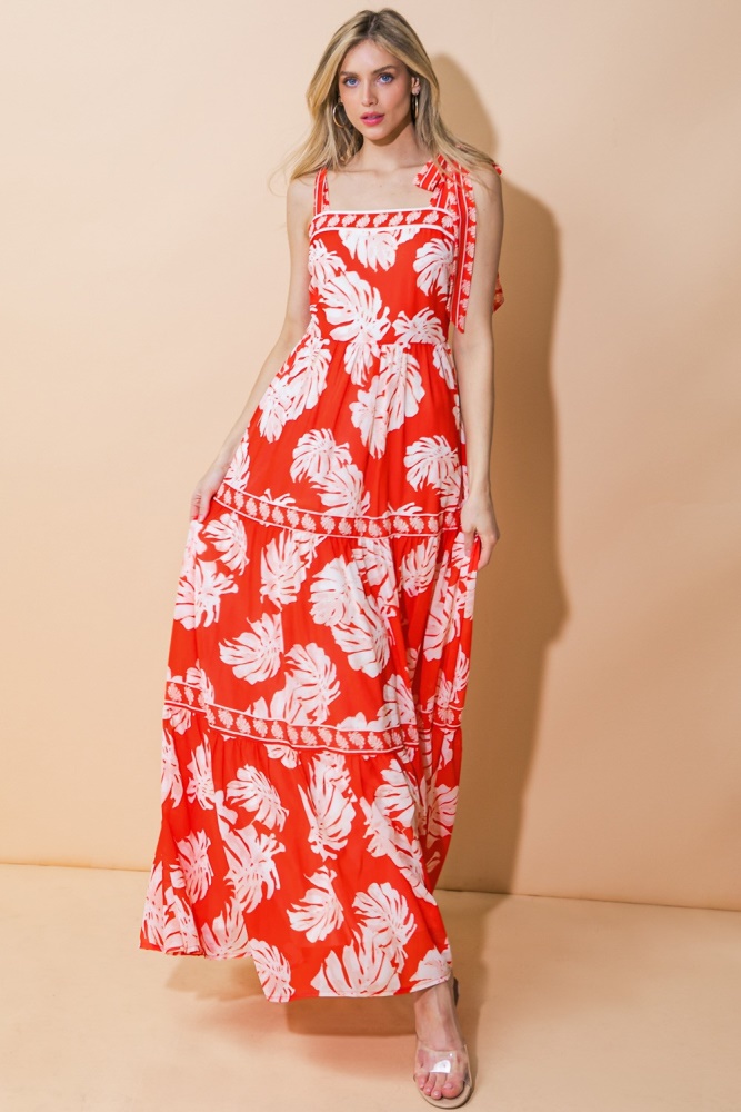 red leaf floral maxi dress