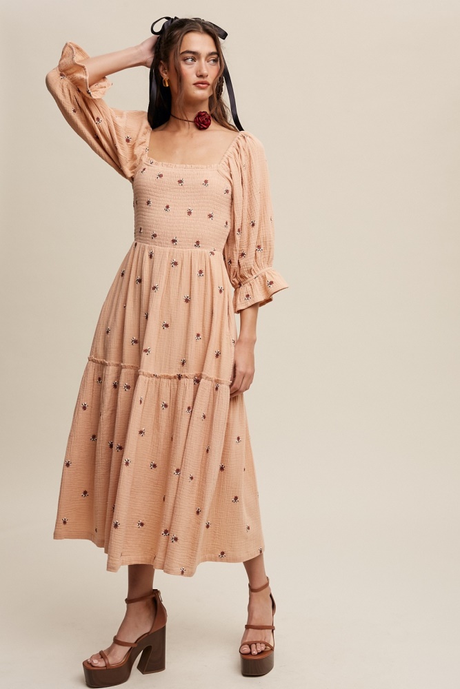 blush ditzy floral embroidery puff sleeve maxi dress