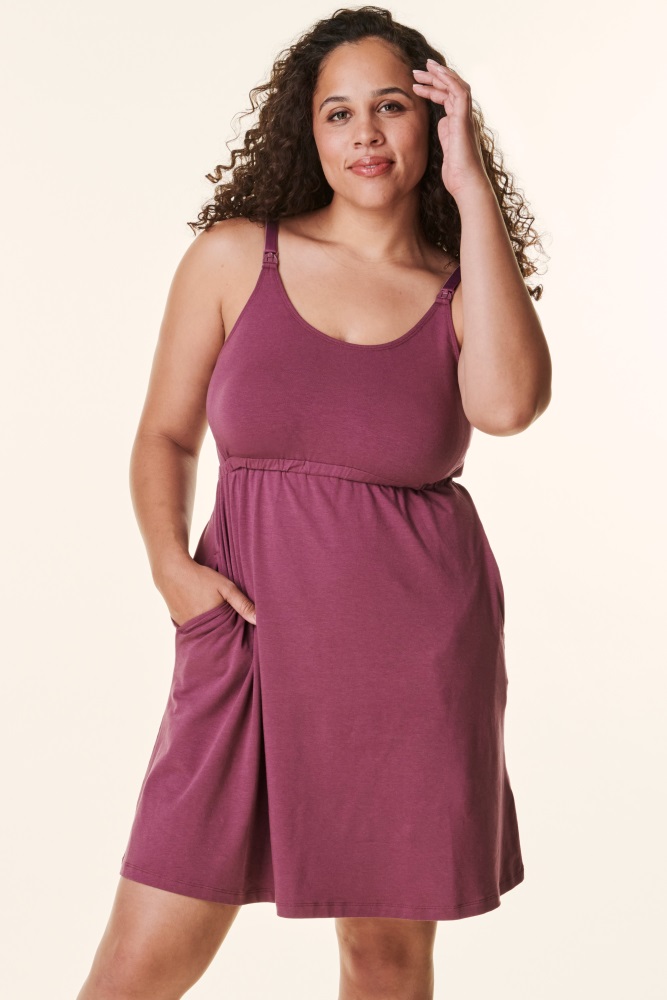 plum bravado drop front nursing maternity dress