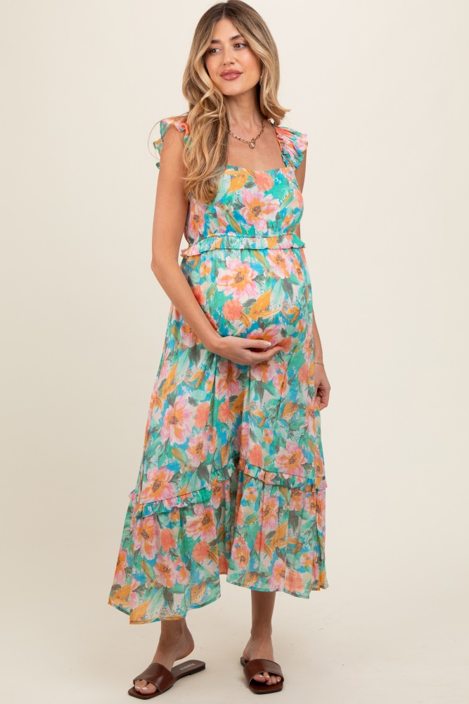 aqua watercolor floral ruffle accent maternity midi dress