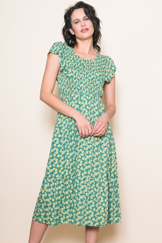 green floral smocked midi dress