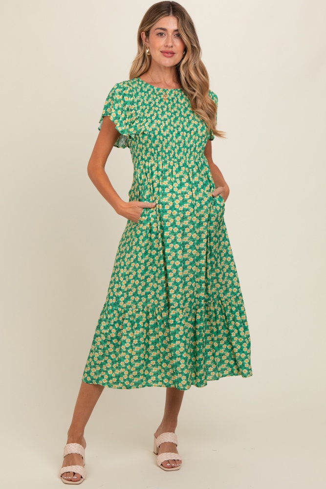 green floral smocked maternity midi dress