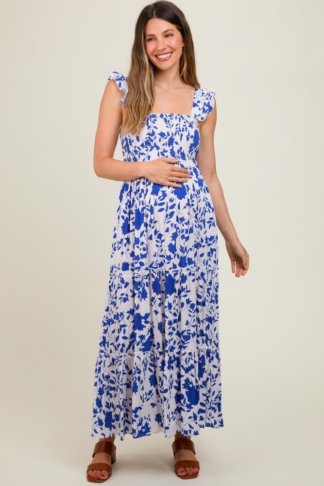 royal blue ruffle sleeve tiered maternity maxi dress