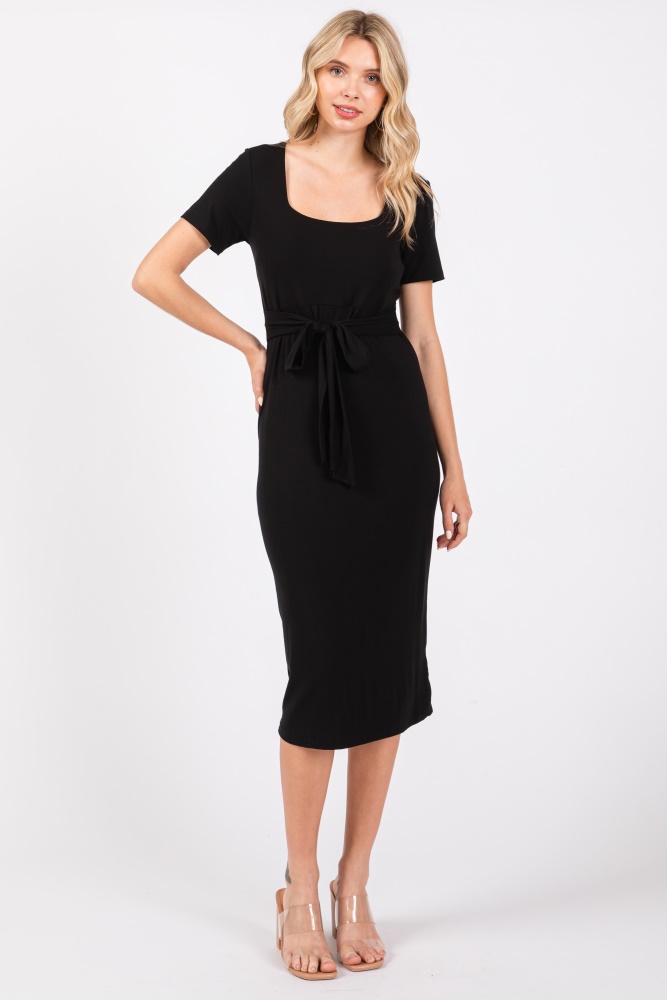 black square neck belted midi dress