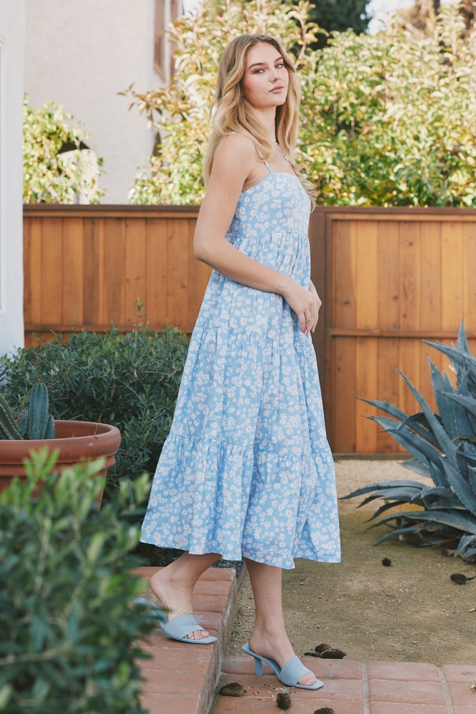 light blue floral cutout tie back midi dress