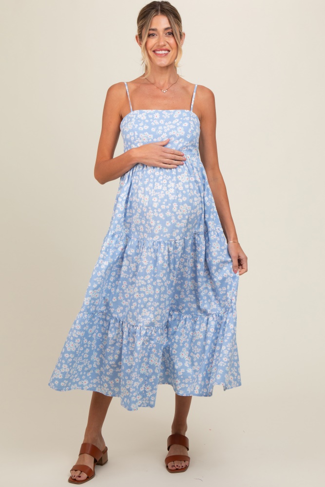 light blue floral cutout tie back maternity midi dress