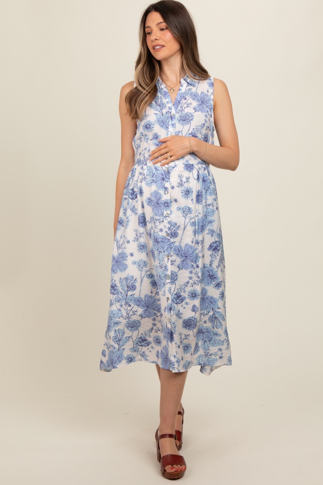 blue floral printed sleeveless maternity midi shirt dress