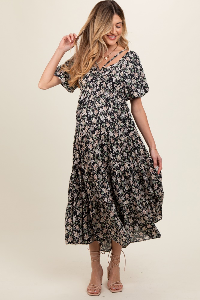 black floral ruched strappy v-neck front puff short sleeve maternity midi dress