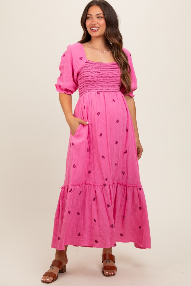 pink gauze smocked embroidered square neck maternity midi dress