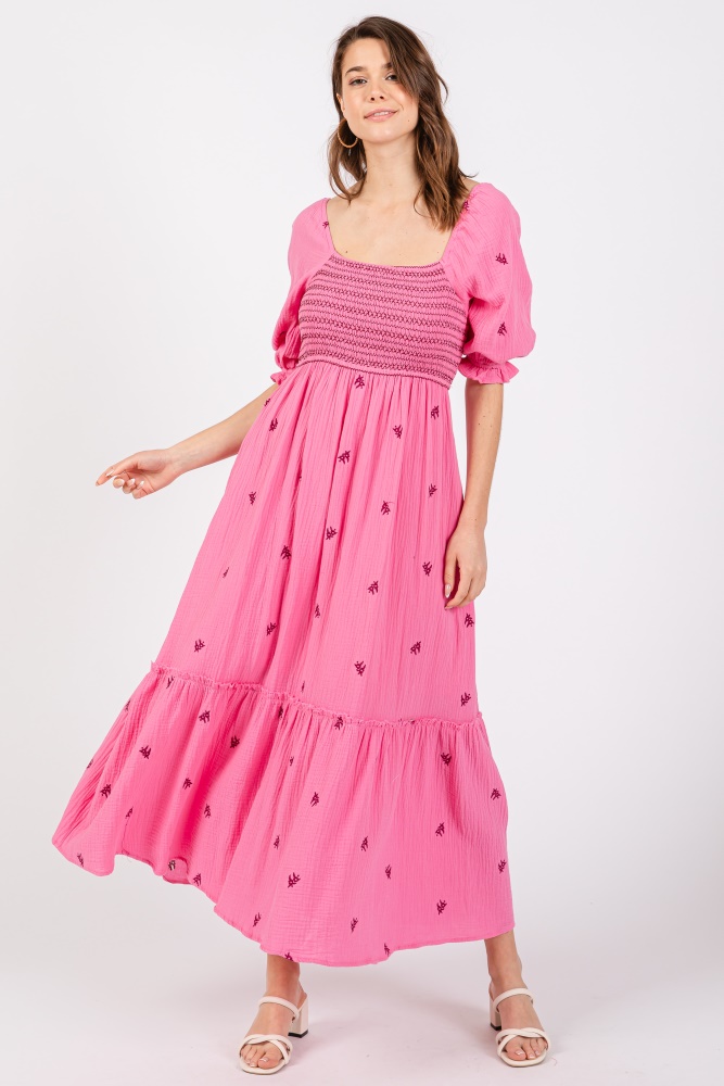 pink gauze smocked embroidered square neck midi dress