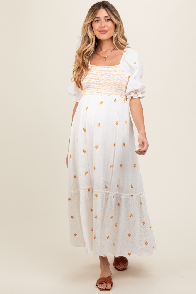 ivory gauze smocked embroidered square neck maternity midi dress