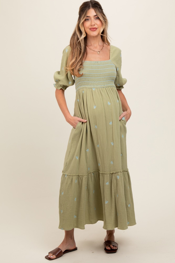 light olive gauze smocked embroidered square neck maternity midi dress