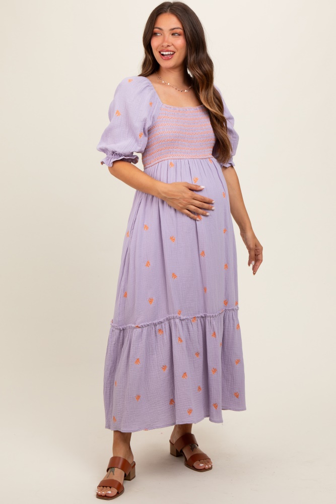 lavender gauze smocked embroidered square neck maternity midi dress