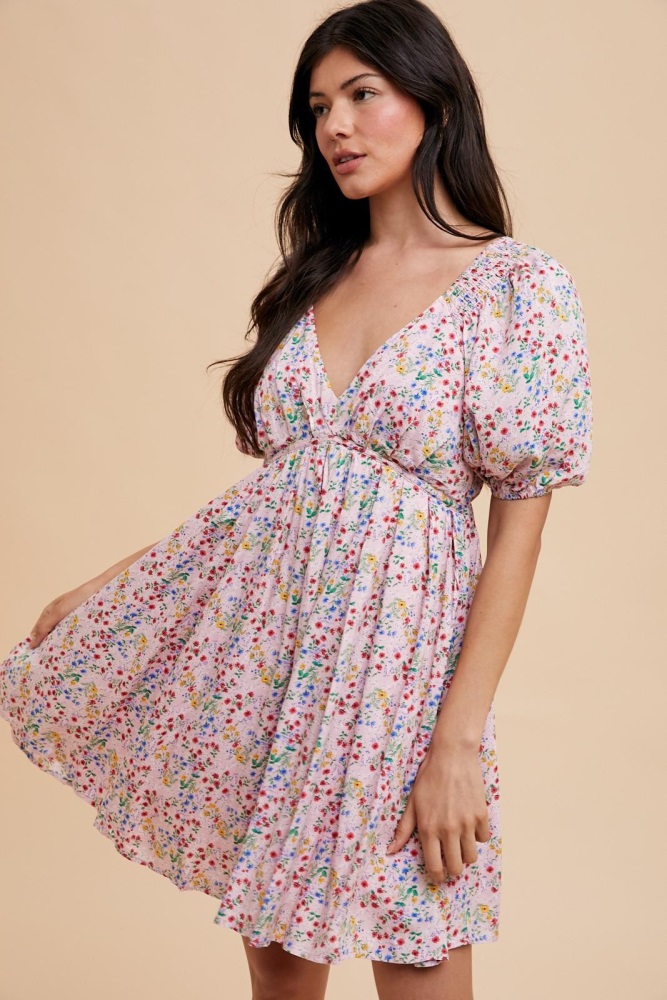 pink floral v-neck cutout back dress