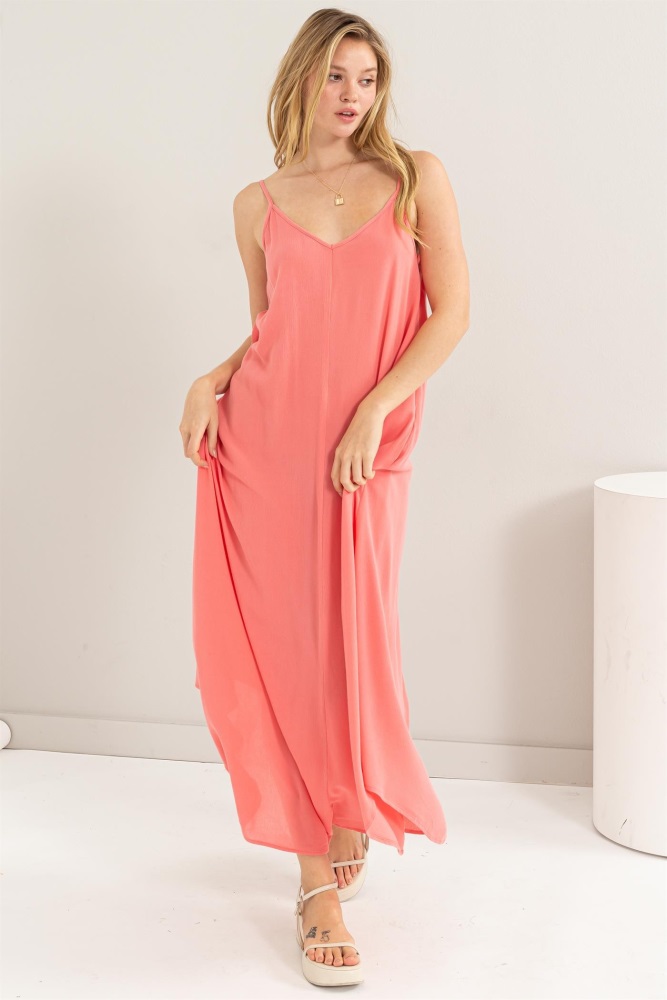 coral lightweight sleeveless v-neck maxi dress