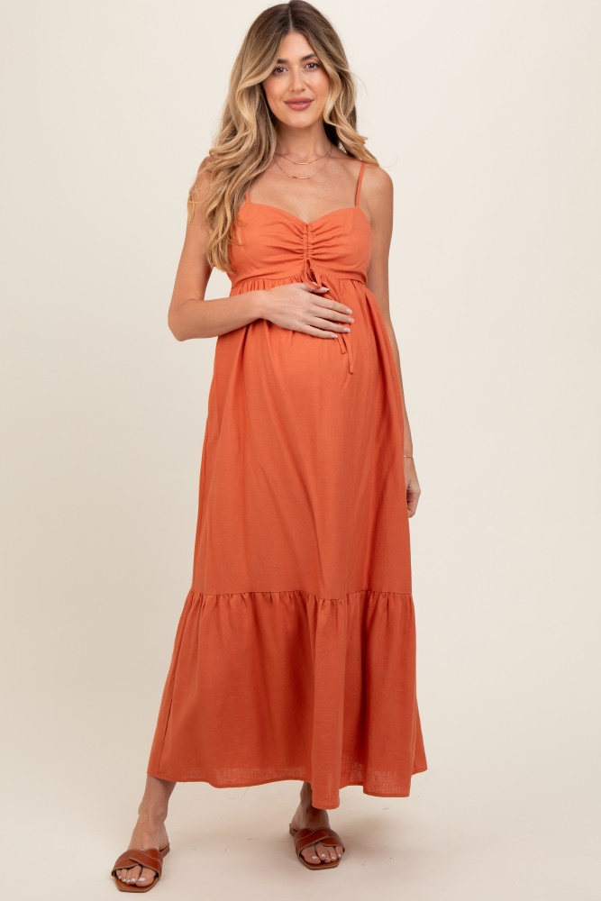 rust linen front cinch maternity midi dress