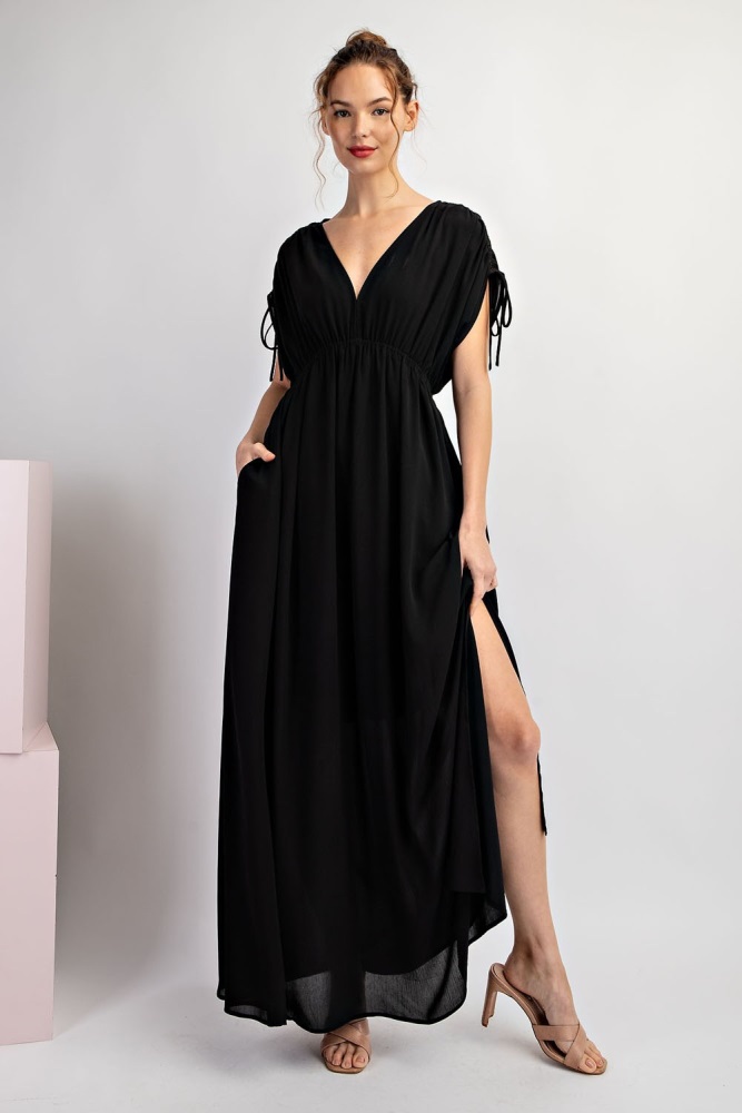 black v-neck drawstring short sleeve side slit maxi dress