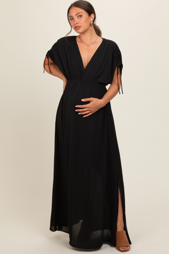 black v-neck drawstring short sleeve side slit maternity maxi dress