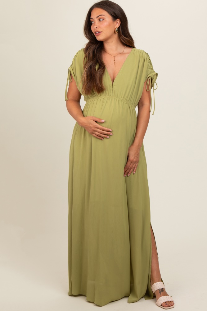 light olive v-neck drawstring short sleeve side slit maternity maxi dress