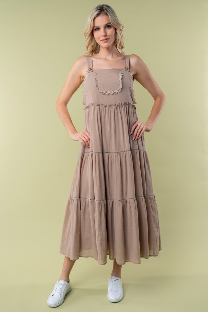 taupe front pocket tiered overall midi dress