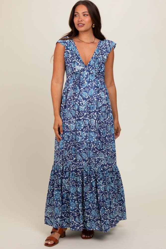 blue abstract floral ruffle accent maternity maxi dress