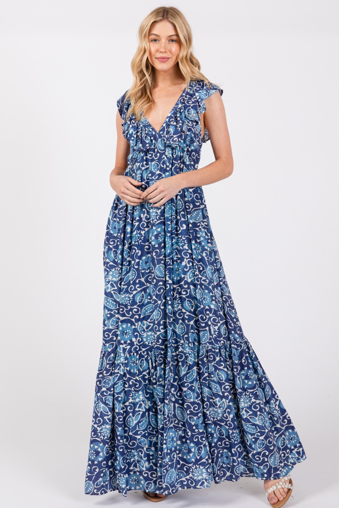 blue abstract floral ruffle accent maxi dress