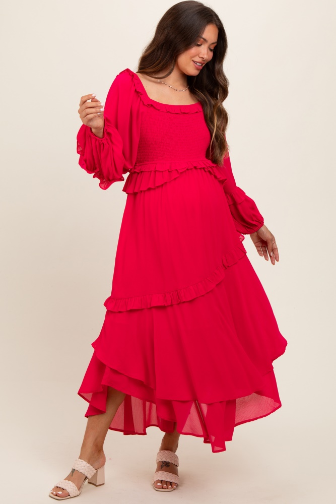 fuchsia smocked ruffle long sleeve maternity midi dress