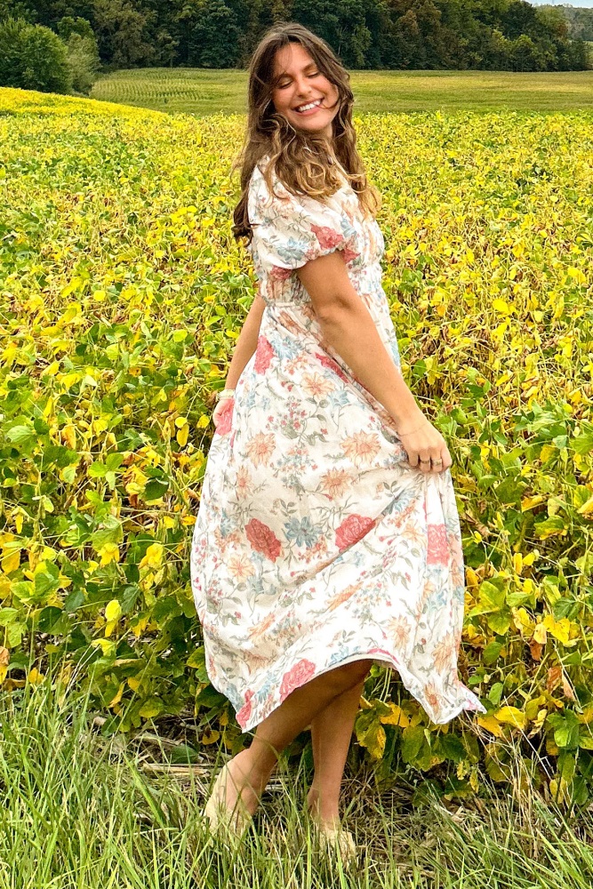 cream and blue floral dress English Factory Cream & Blue Floral Pearl Trim Persephone Maxi Dress Cream & Blue Floral / S main image 1