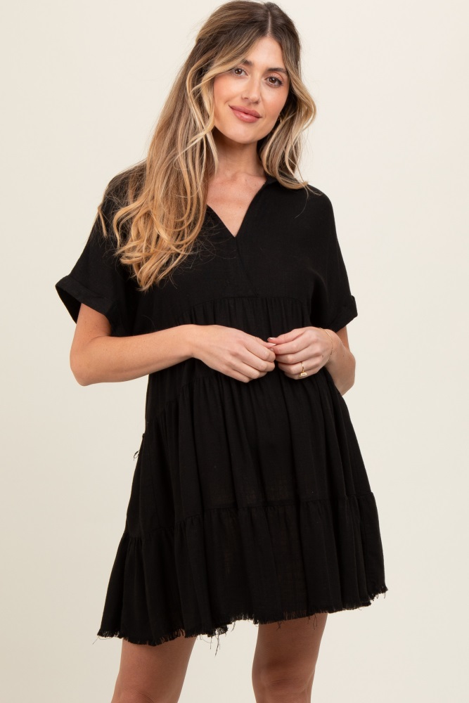 black tiered linen maternity dress