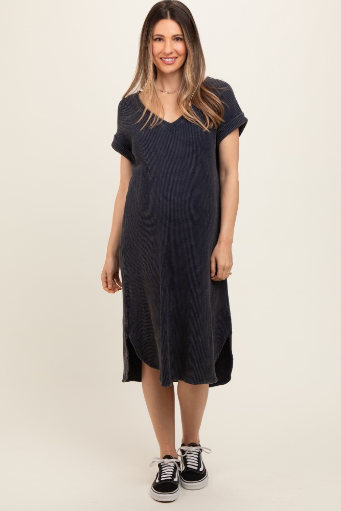 navy blue waffle knit short sleeve maternity dress