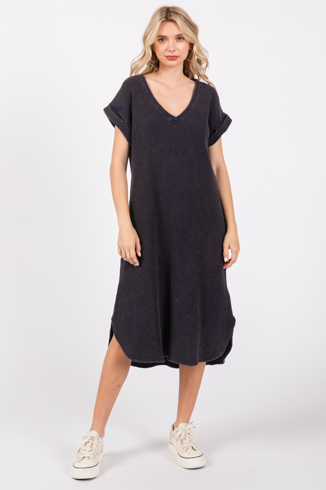 navy blue waffle knit short sleeve dress