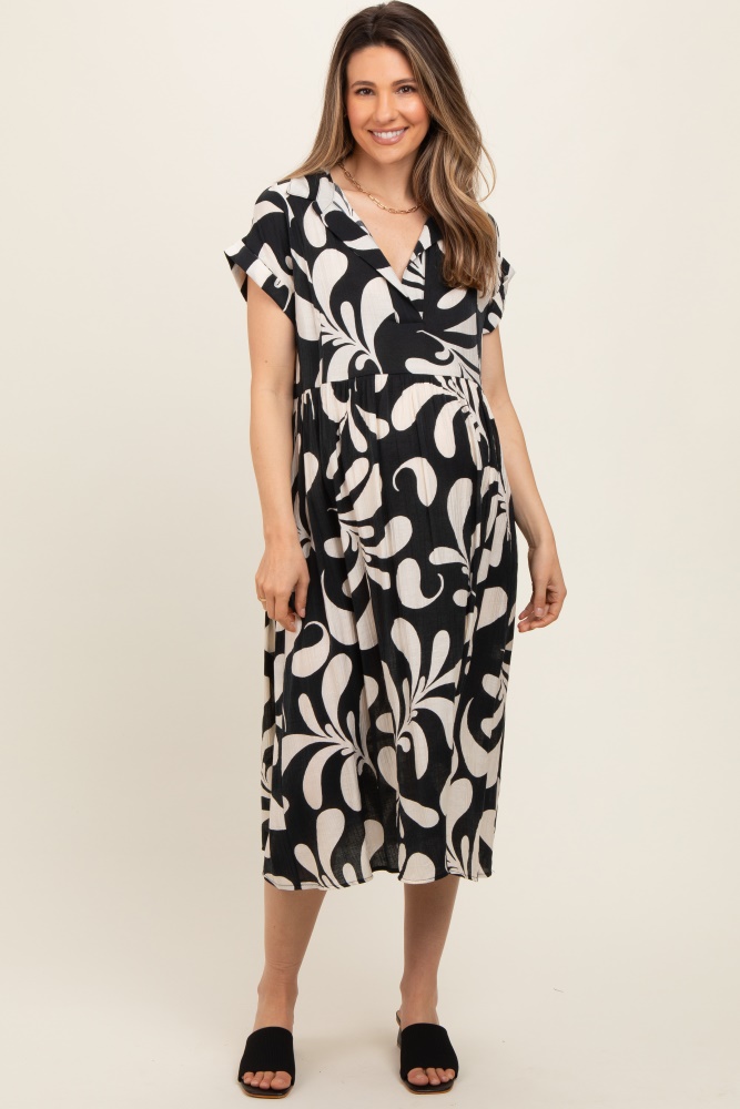 black abstract print collared maternity dress