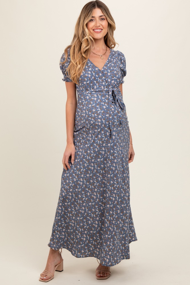 blue floral puff sleeve v neck maternity maxi dress