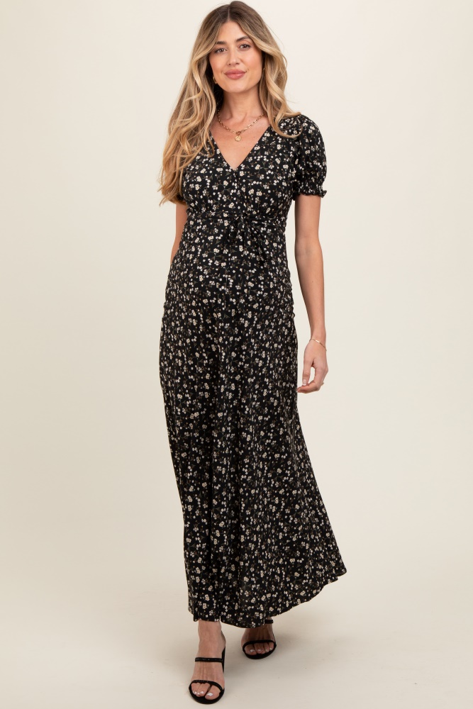 black floral puff sleeve v neck maternity maxi dress