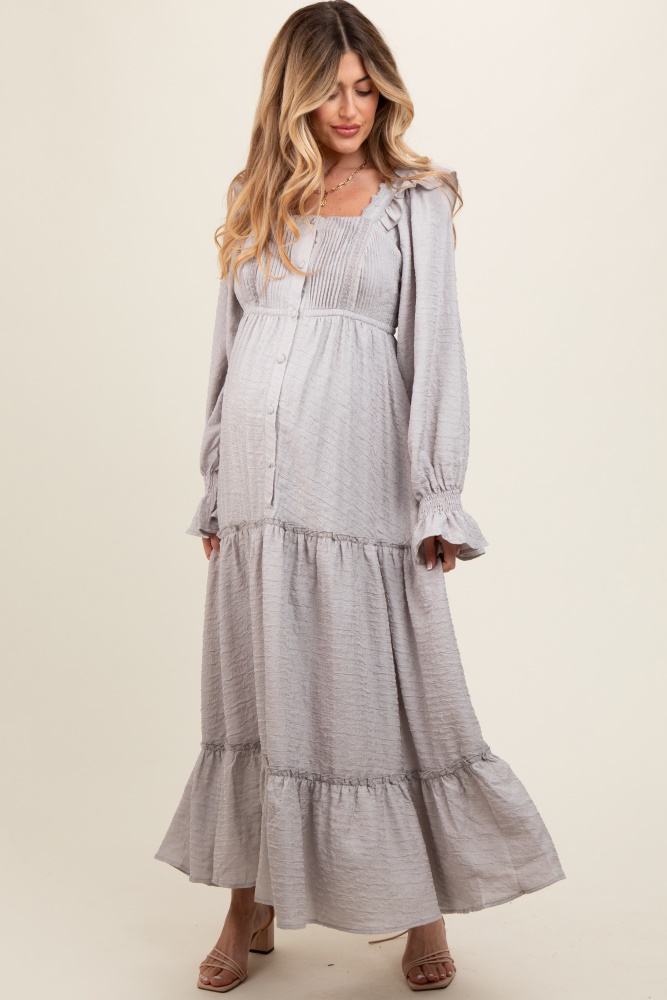 grey button pleated front square neck ruffle tiered maternity maxi dress