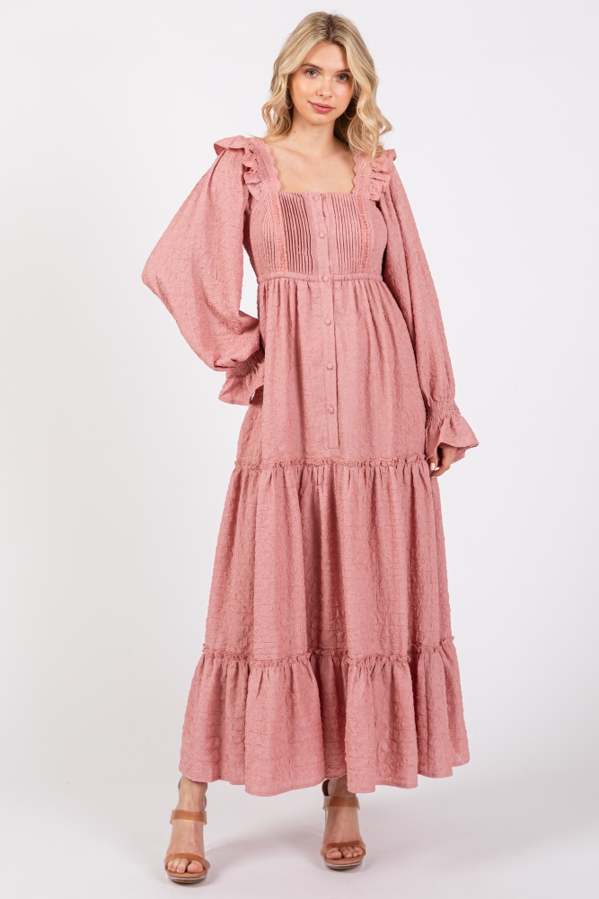 mauve button pleated front square neck ruffle tiered maxi dress