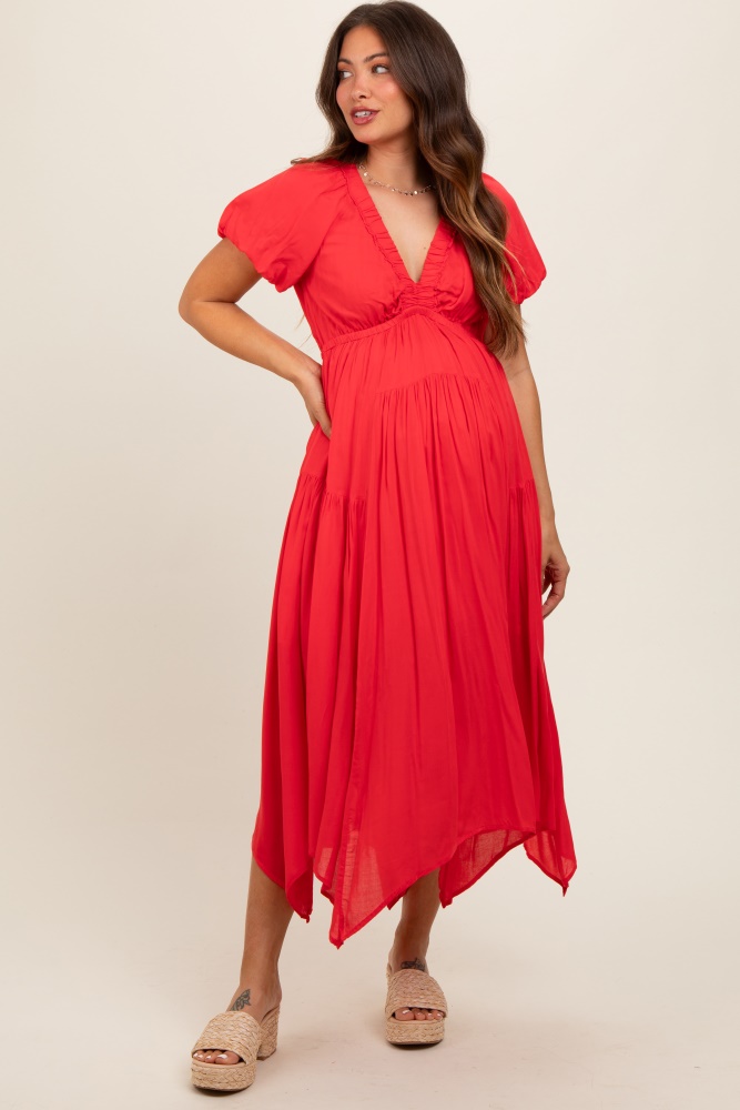 red deep v-neck puff short sleeve asymmetrical hem maternity midi dress