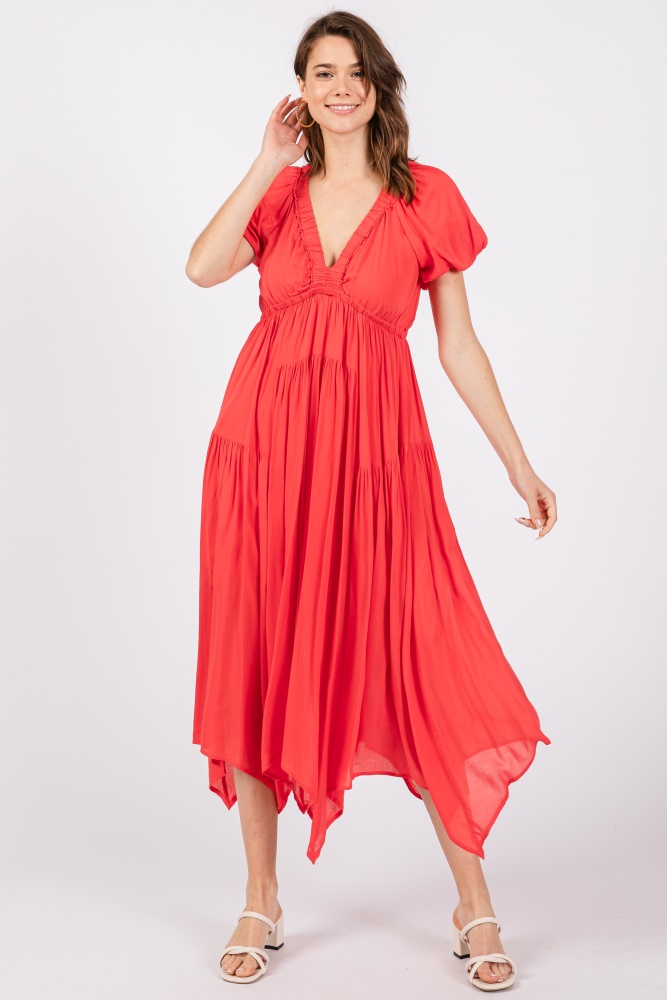 red deep v-neck puff short sleeve asymmetrical hem midi dress