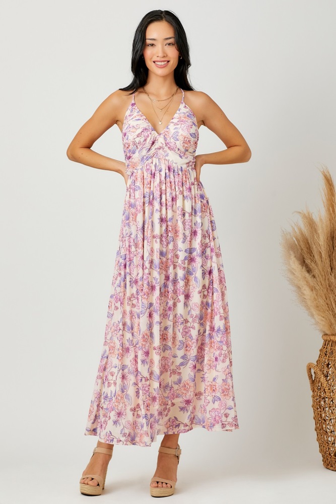 pink floral mesh sleeveless maxi dress